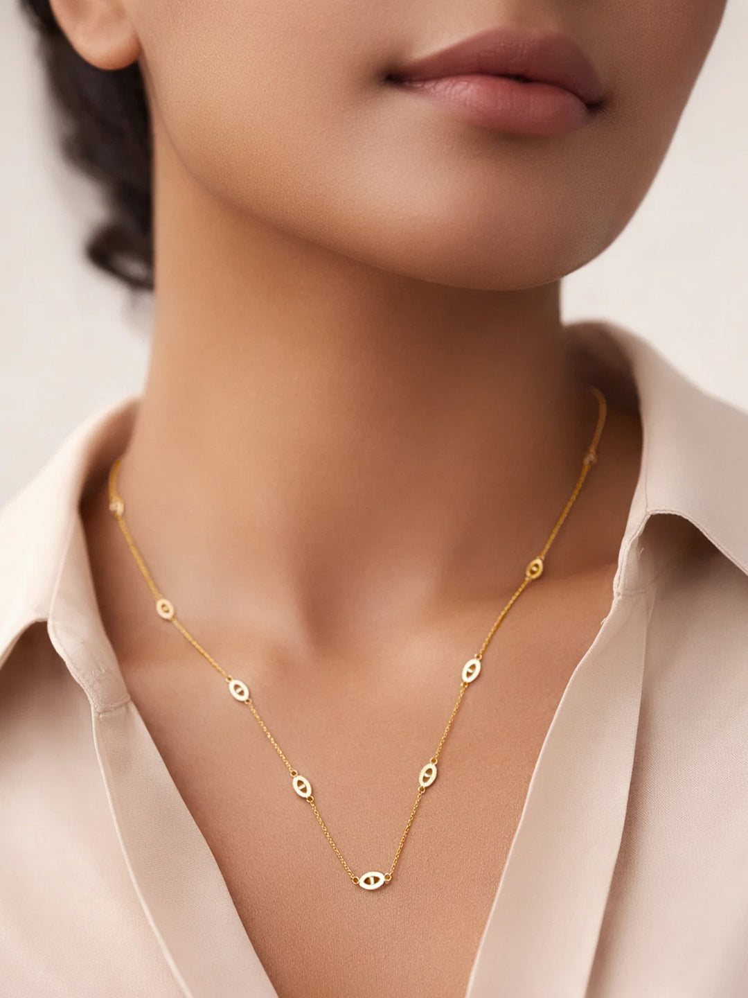 Demi Fine 18K Gold Plated Stainless steel Layer Long Chain Oval Motif Necklace
