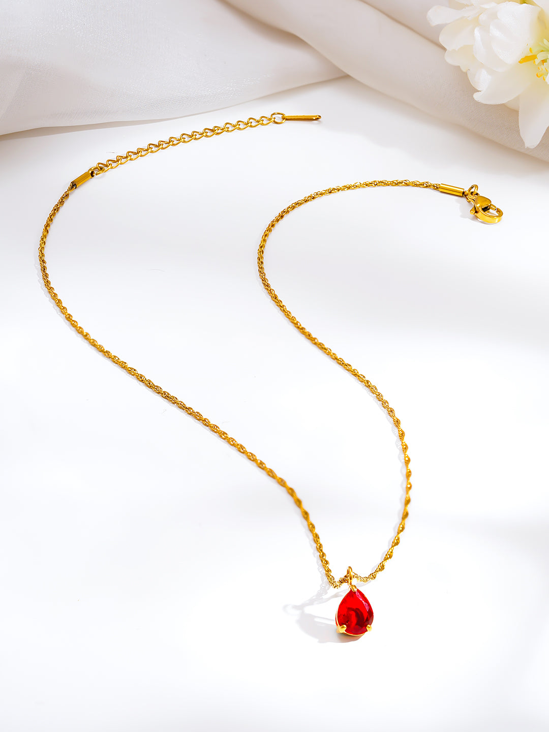 Demi Fine 18K Gold Plated Stainless steel Teardrop Ruby Charm Pendant Chain
