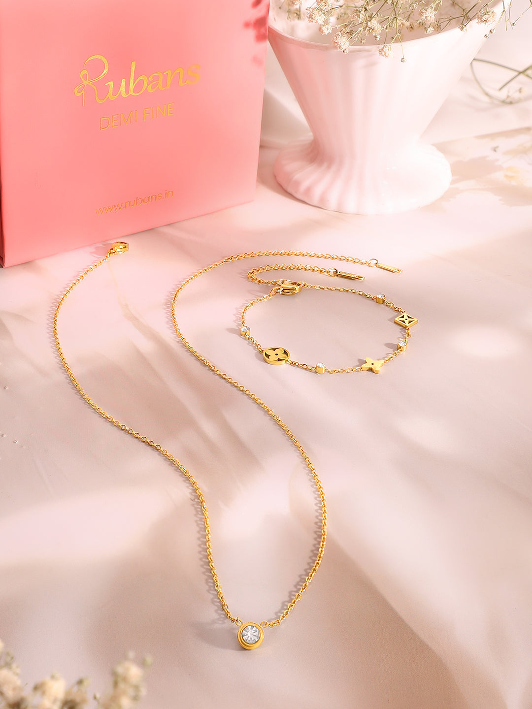 Demi Fine 18K Gold Plated Stainless Steel Crystal Necklace &amp; Bracelet Set