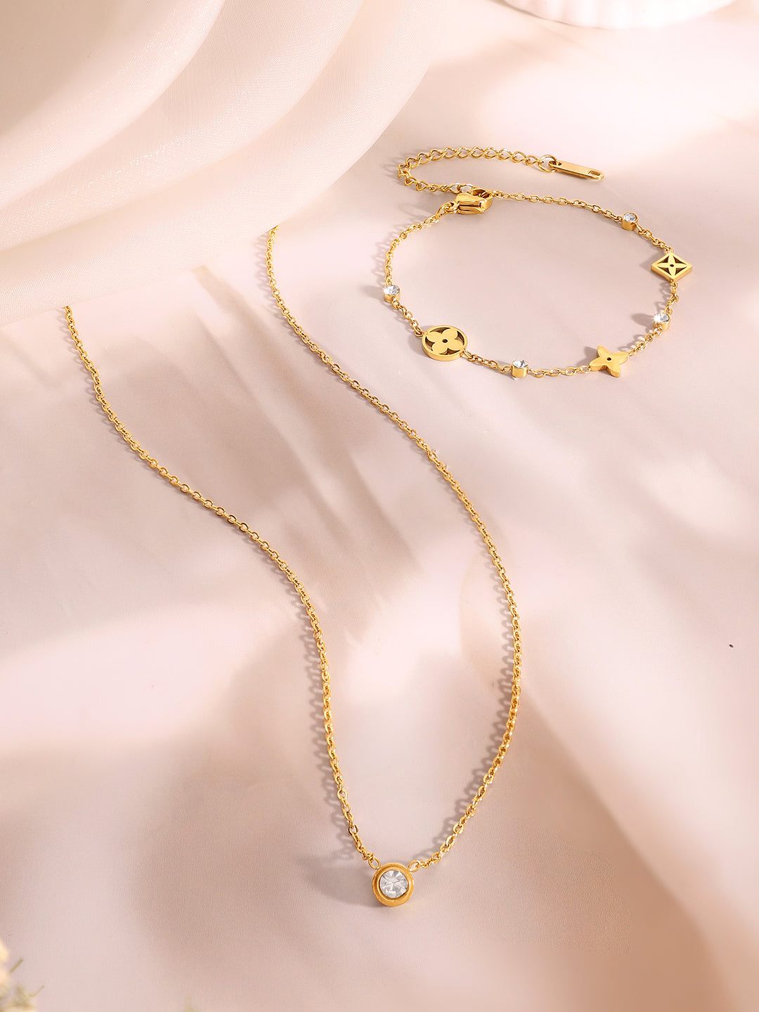 Demi Fine 18K Gold Plated Stainless Steel Crystal Necklace &amp; Bracelet Set