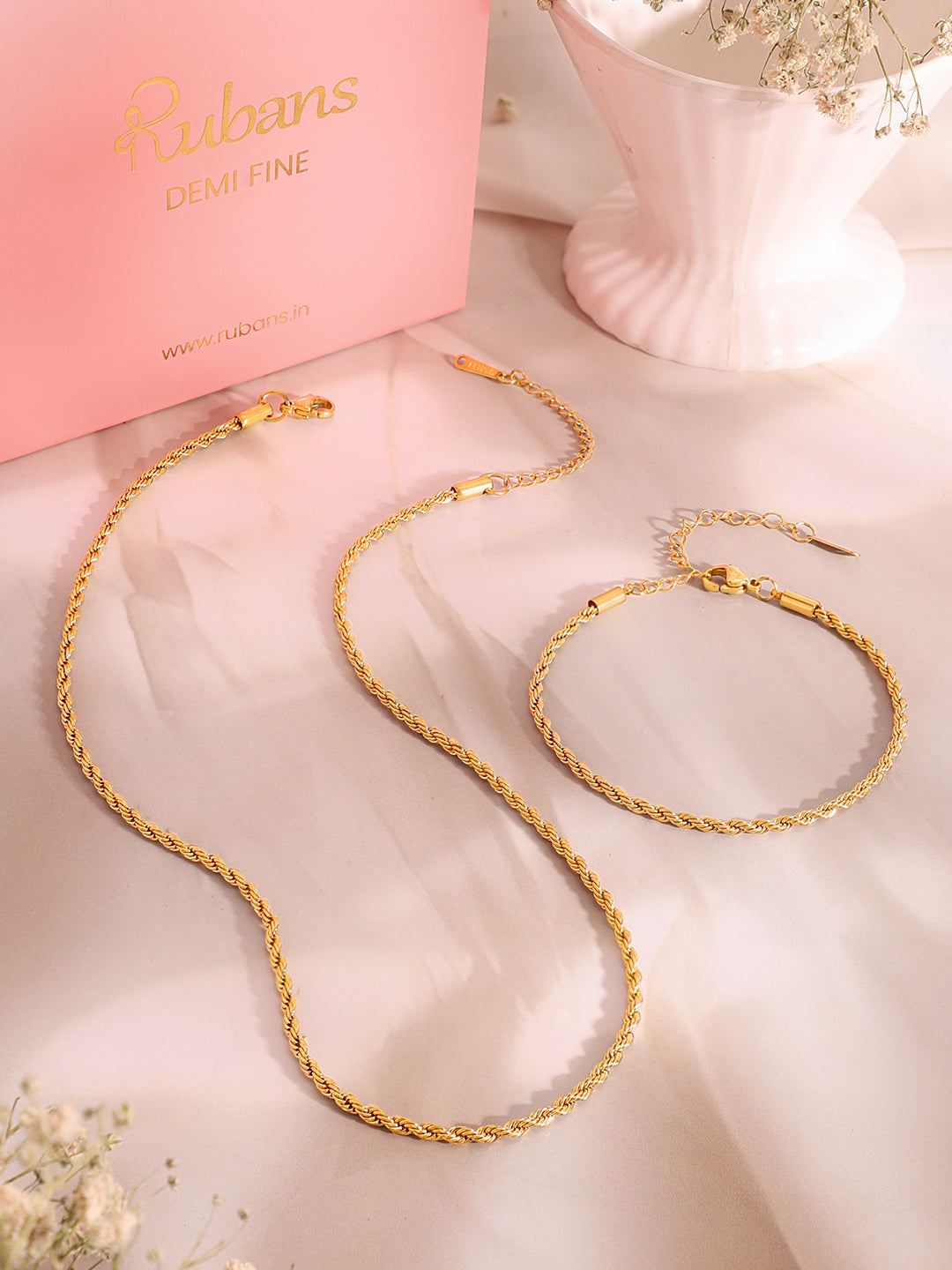 Demi Fine 18k Gold Plated Stainless Steel Twisted Rope Chain &amp; Bracelet Set