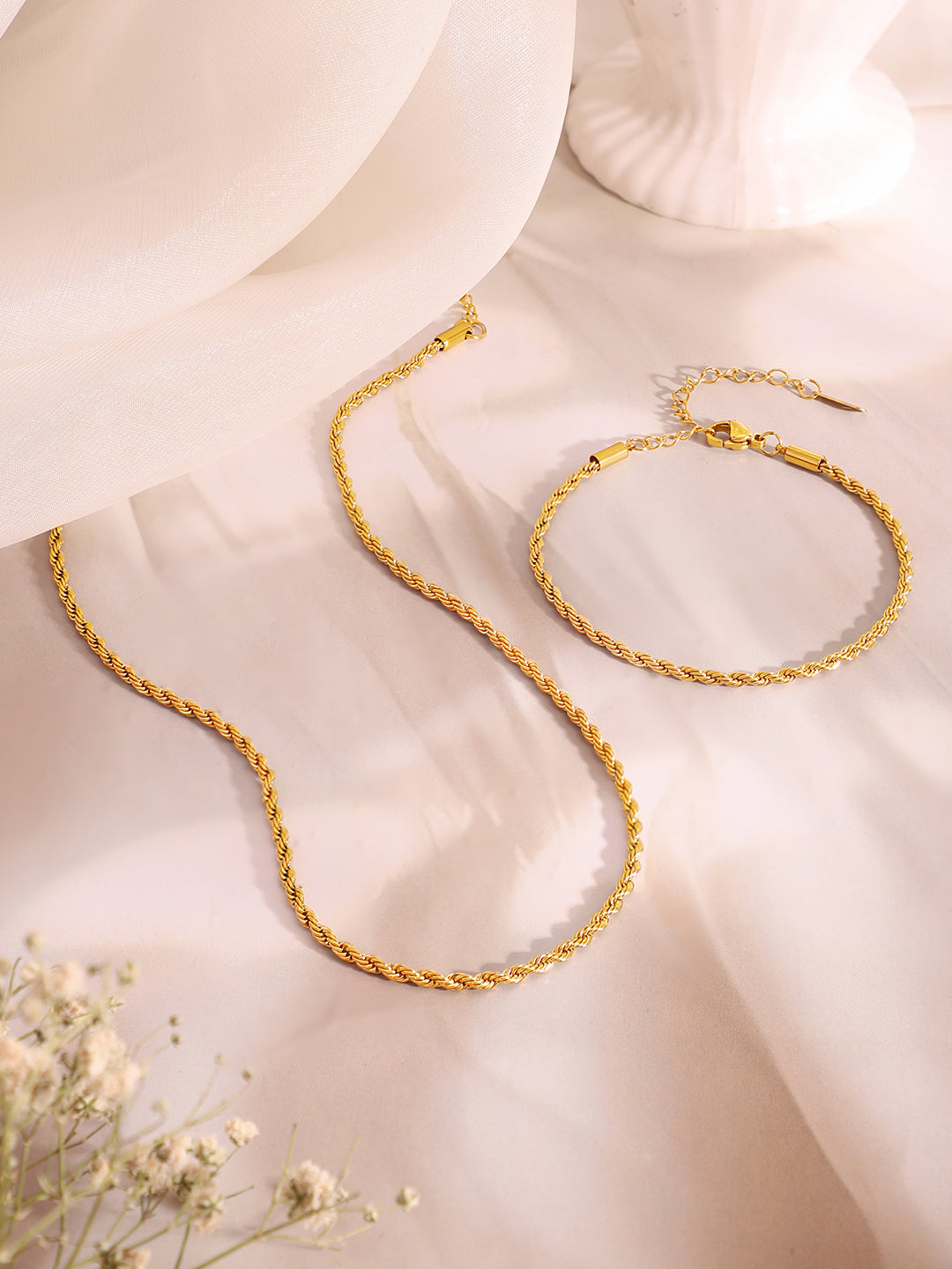 Demi Fine 18k Gold Plated Stainless Steel Twisted Rope Chain &amp; Bracelet Set