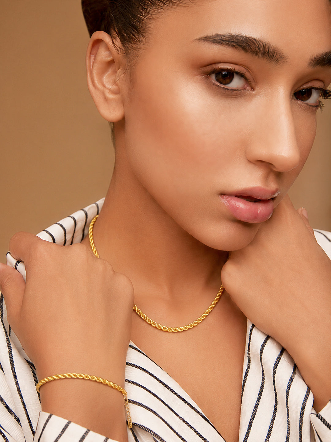 Demi Fine 18k Gold Plated Stainless Steel Twisted Rope Chain &amp; Bracelet Set