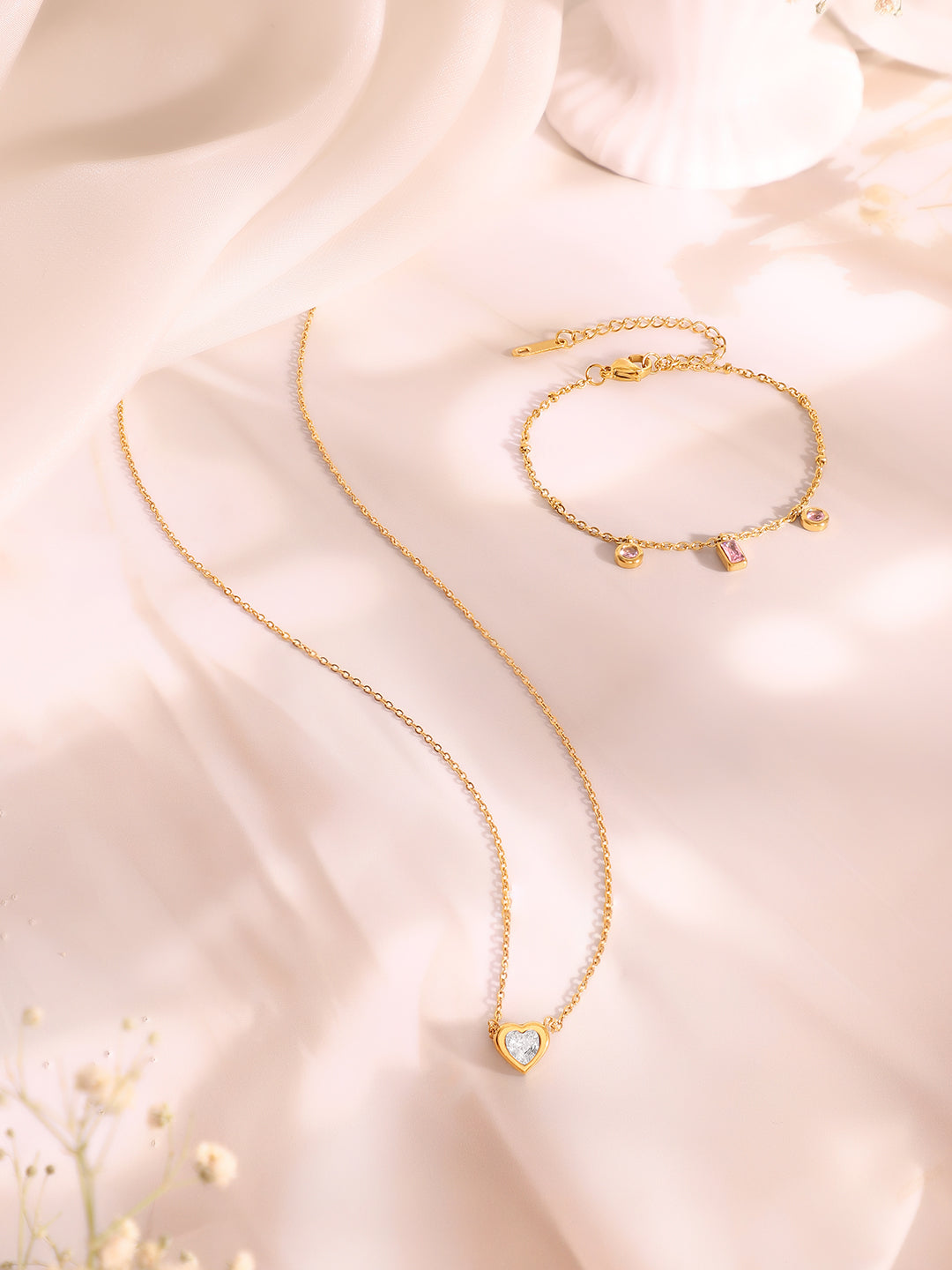 Demi Fine 18k Gold Plated Stainless Steel Crystal Charm Necklace &amp; Bracelet  Set