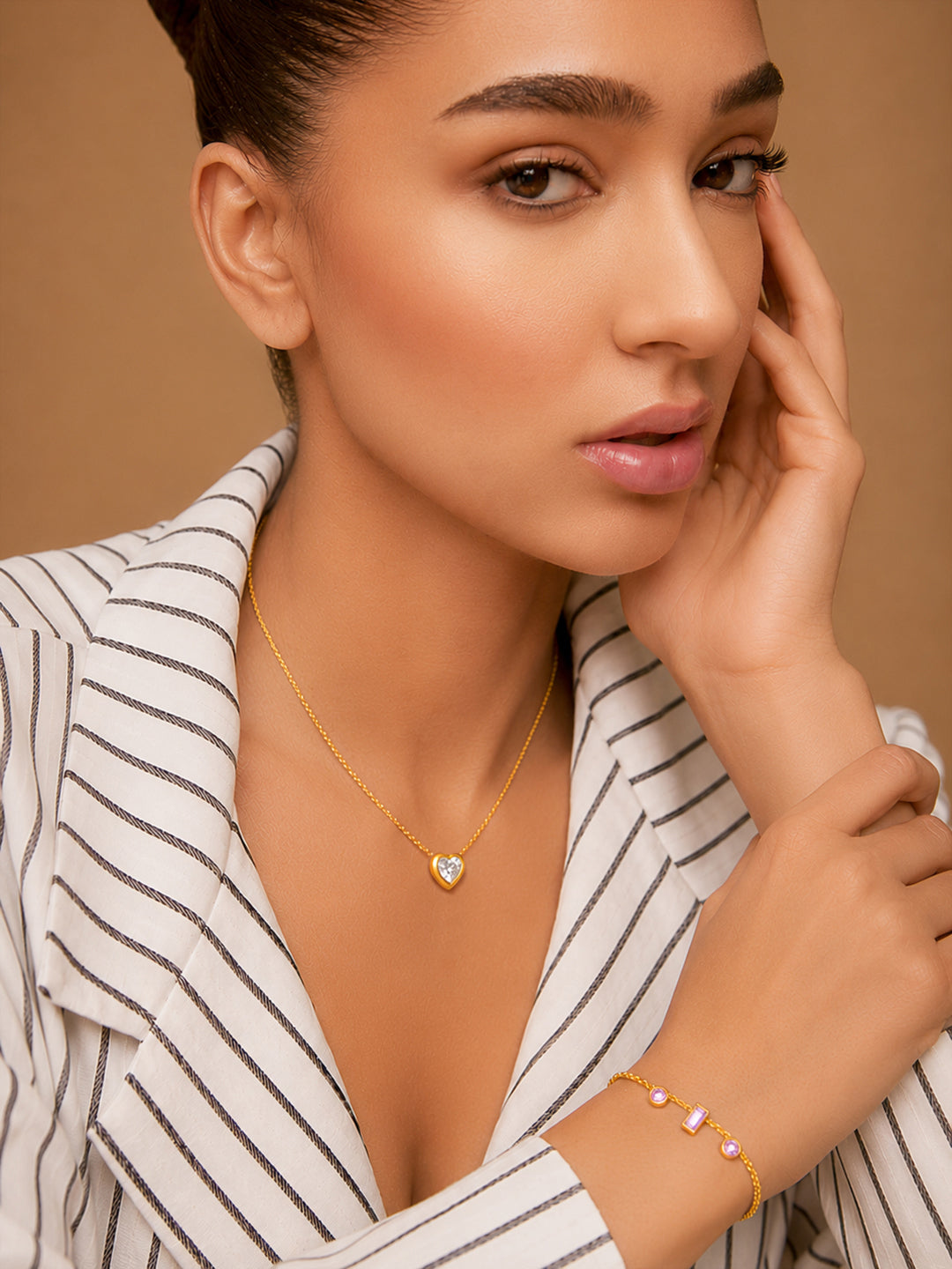 Demi Fine 18k Gold Plated Stainless Steel Crystal Charm Necklace &amp; Bracelet  Set