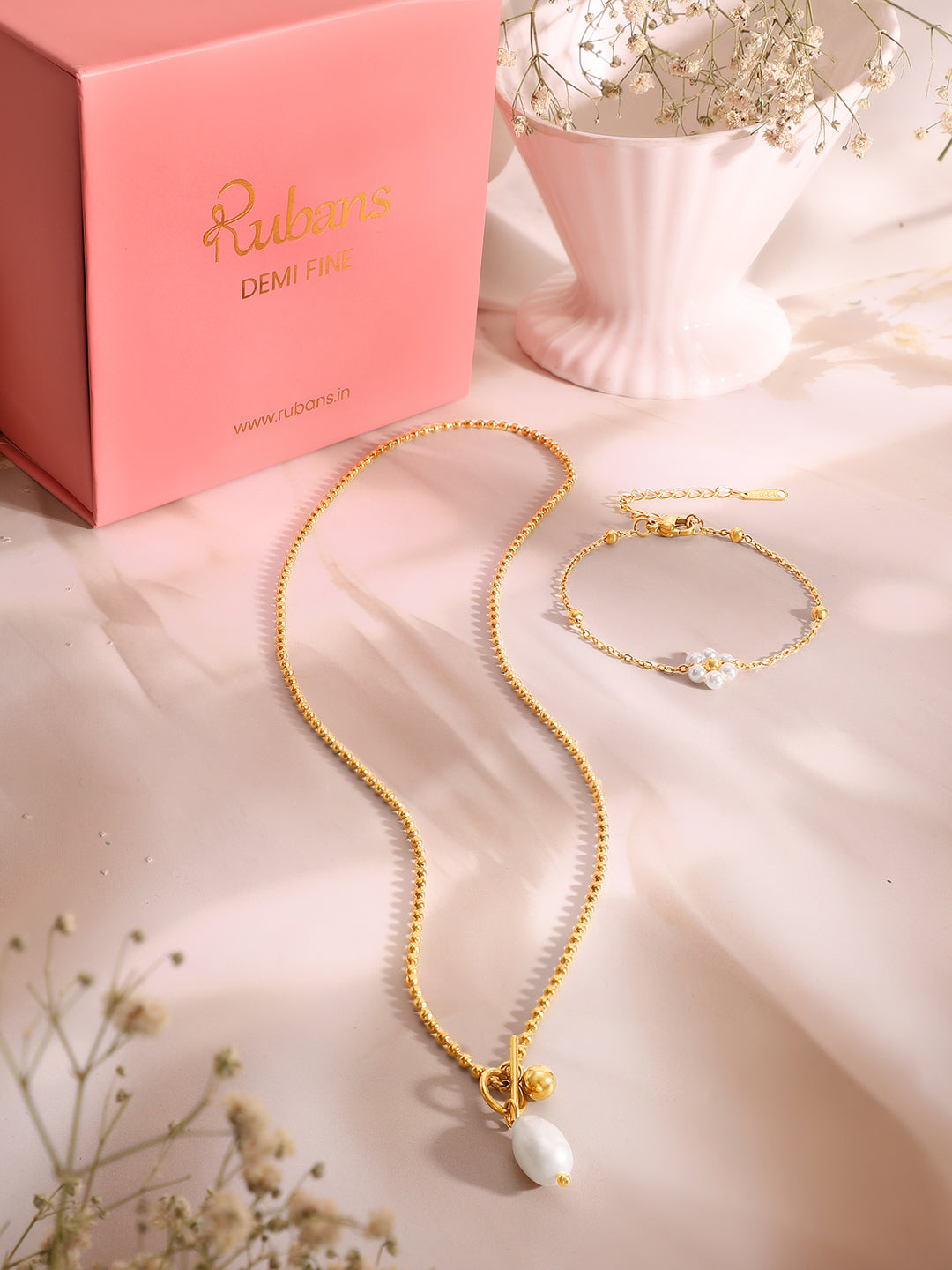Demi Fine 18k Gold Plated Stainless Steel Pearl Necklace &amp; Bracelet Set
