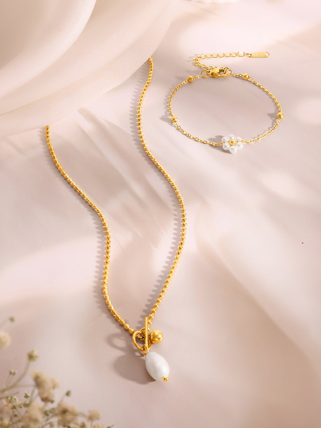 Demi Fine 18k Gold Plated Stainless Steel Pearl Necklace &amp; Bracelet Set