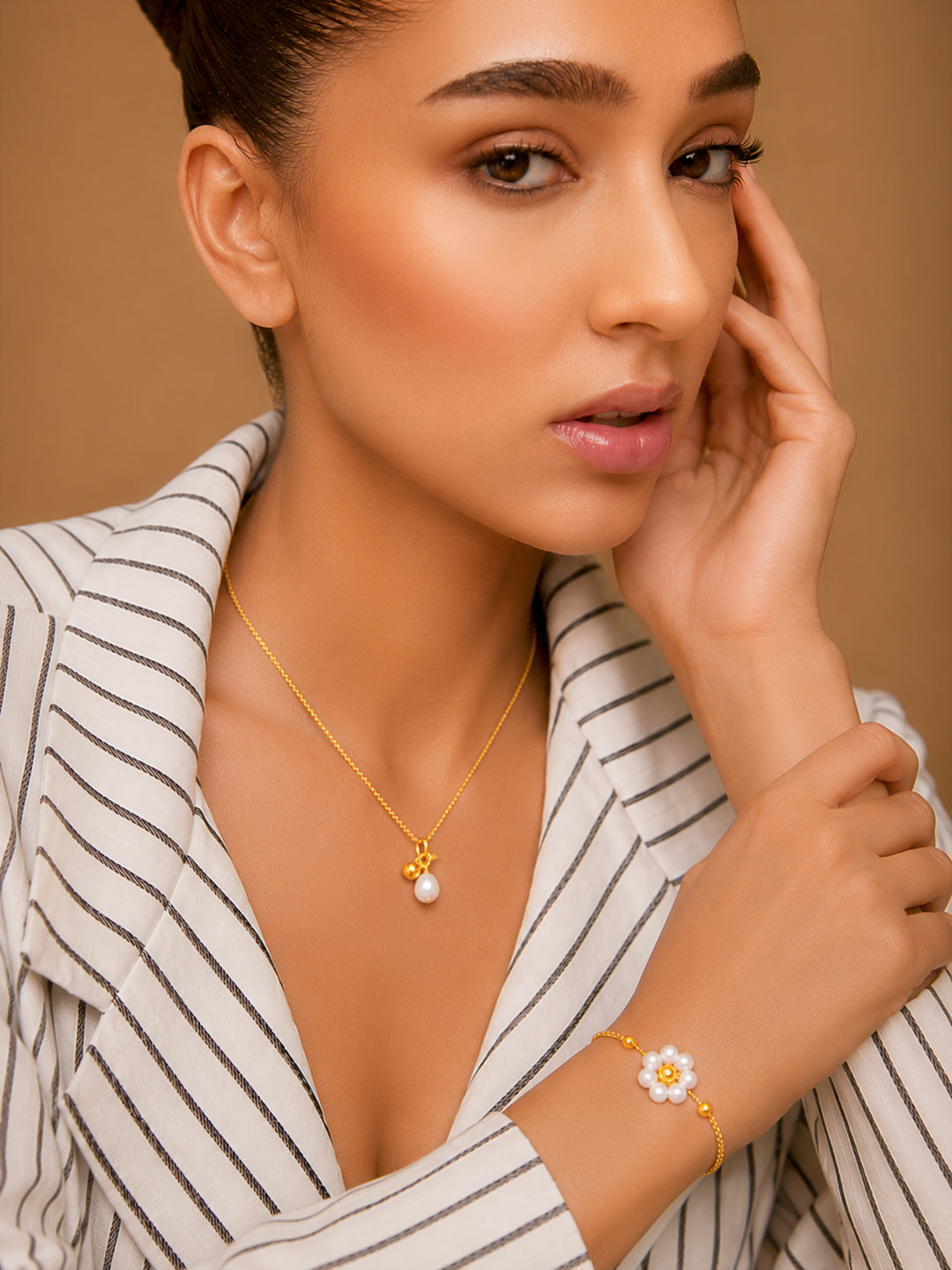 Demi Fine 18k Gold Plated Stainless Steel Pearl Necklace &amp; Bracelet Set