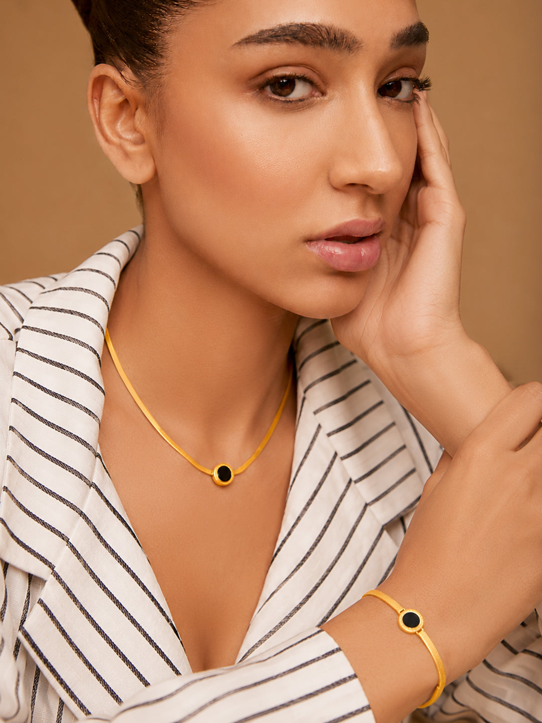 Demi Fine 18k Gold Plated Stainless Steel Black Enamel Necklace &amp; Bracelet Set