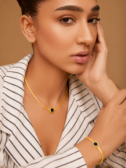 Demi Fine 18k Gold Plated Stainless Steel Black Enamel Necklace &amp; Bracelet Set