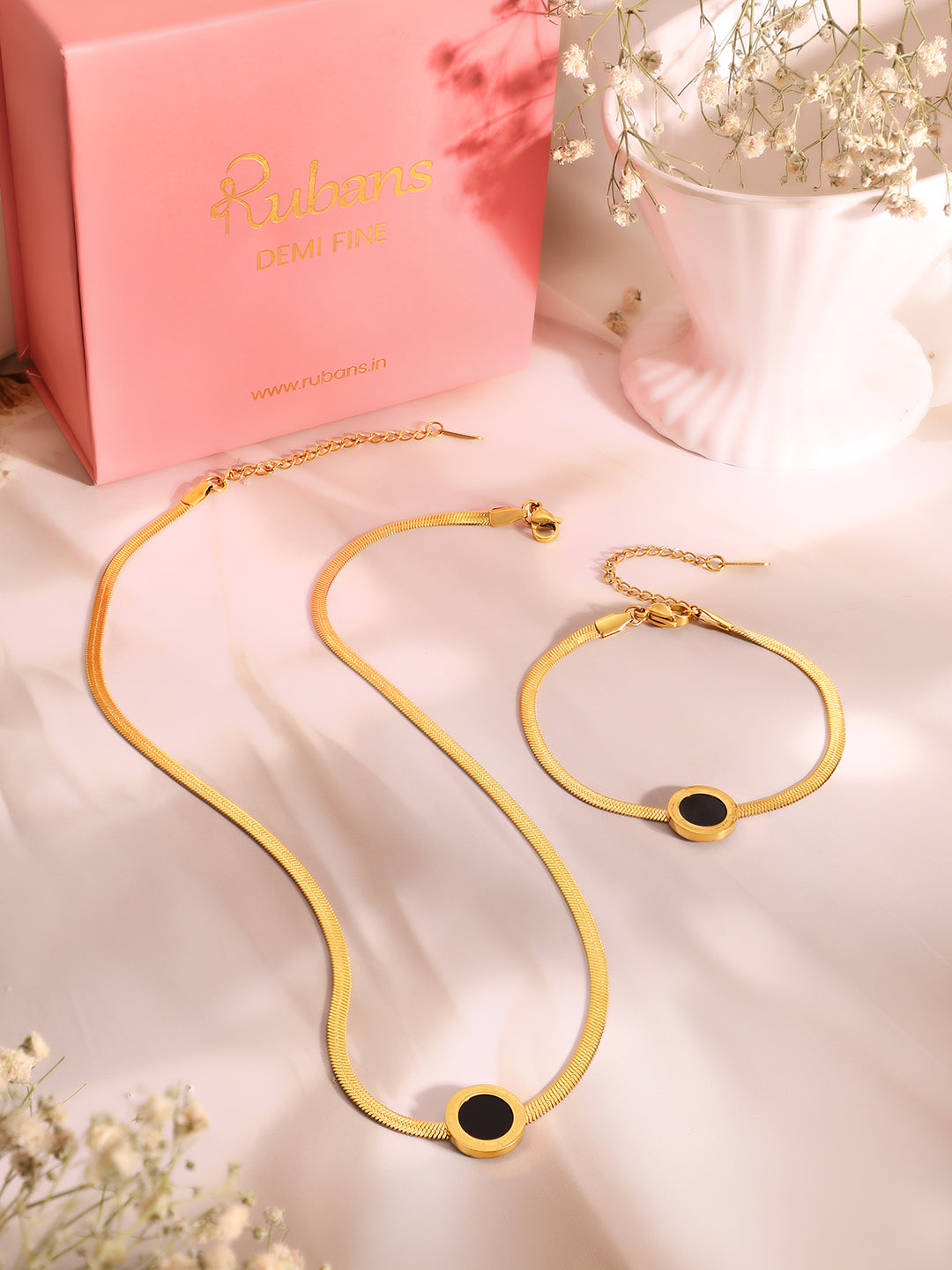 Demi Fine 18k Gold Plated Stainless Steel Black Enamel Necklace &amp; Bracelet Set