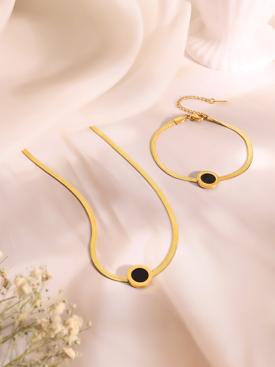 Demi Fine 18k Gold Plated Stainless Steel Black Enamel Necklace &amp; Bracelet Set