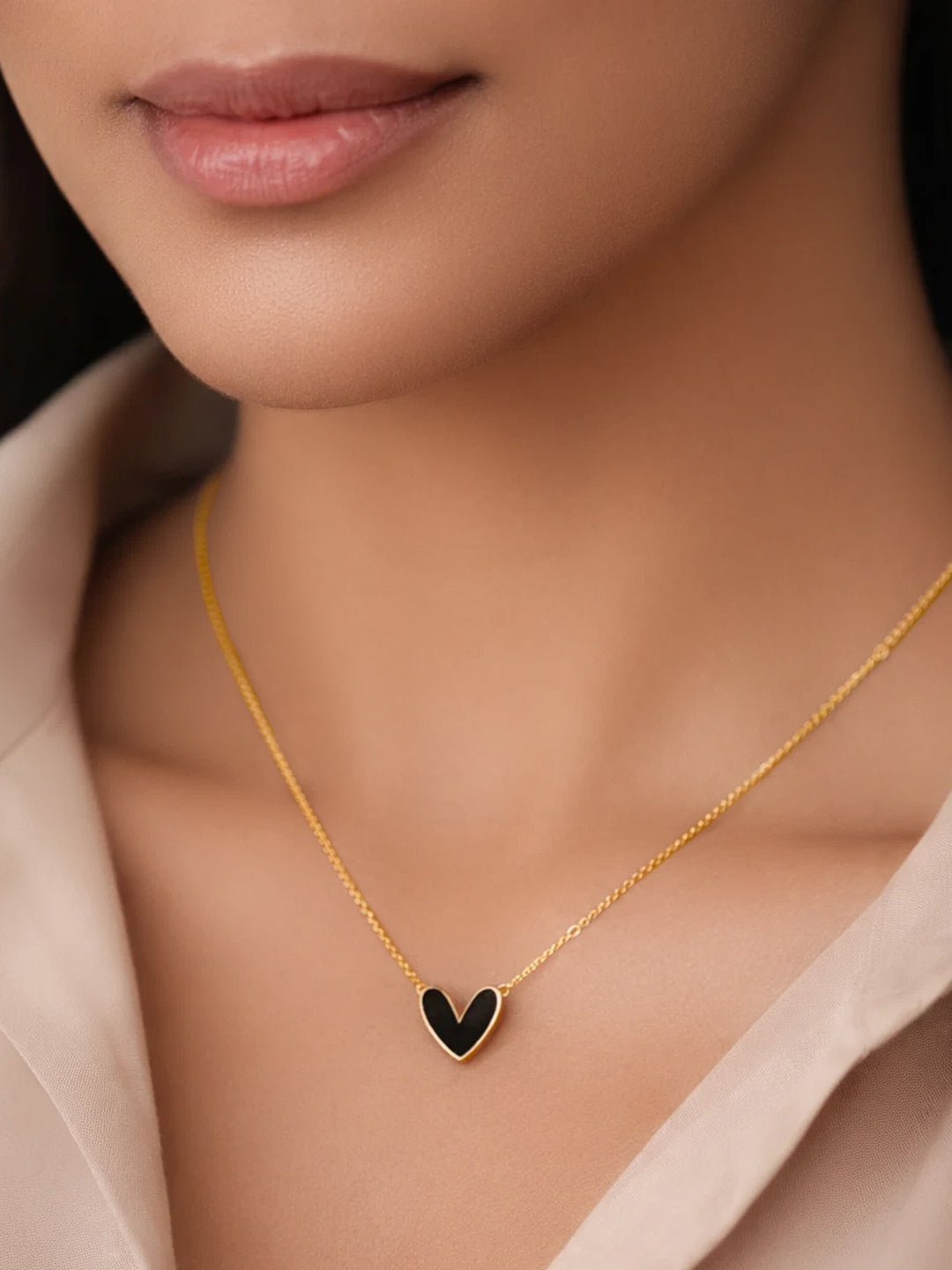 Demi Fine 18K Gold Plated Stainless steel Black Enamel Heart Pendant Necklace