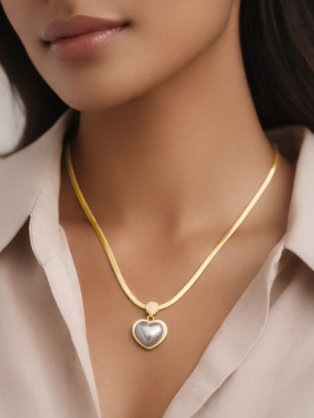 Demi Fine 18K Gold Plated Stainless steel Glossy Pearl Heart Pendent Necklace