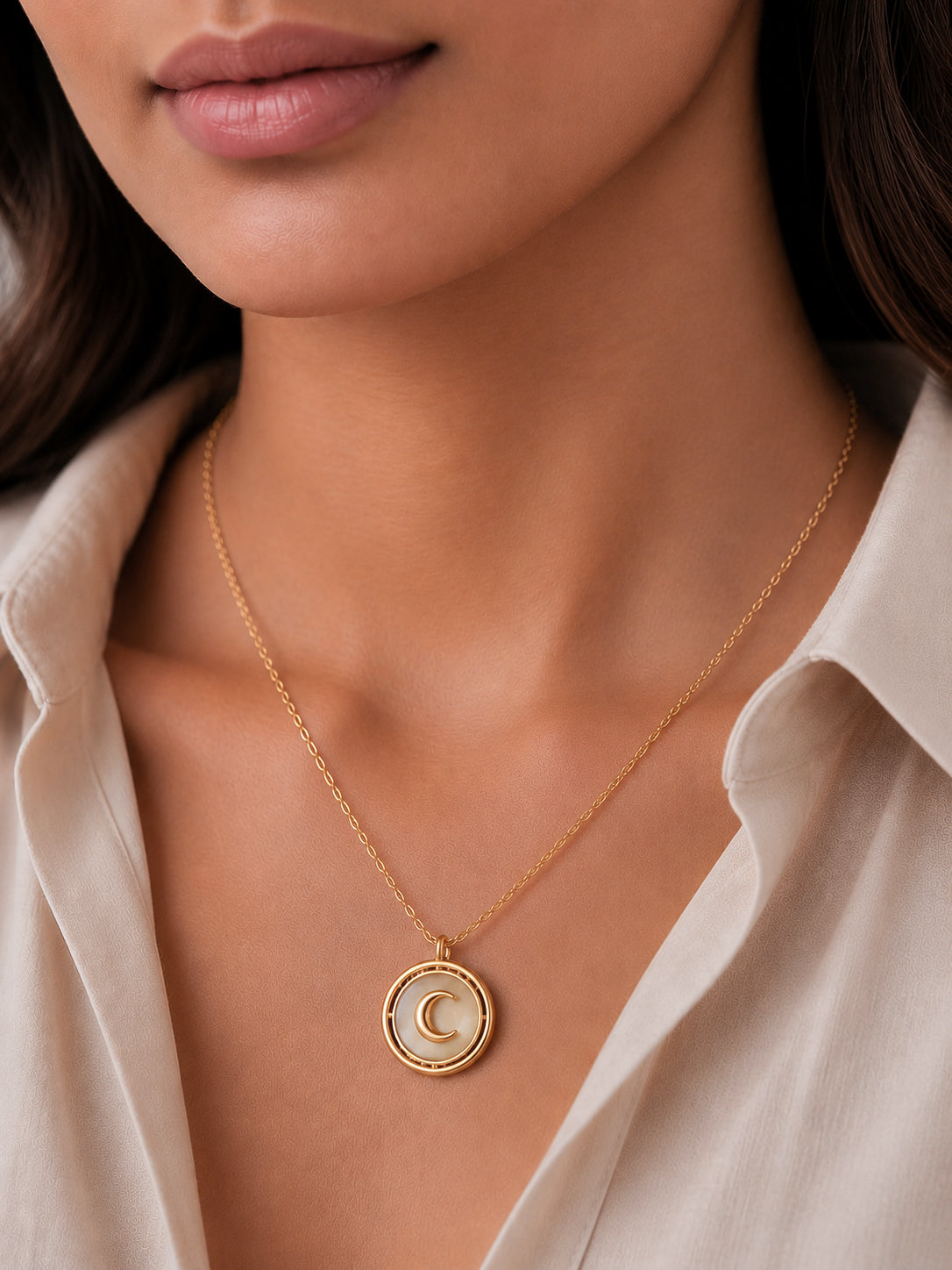 Demi Fine 18K Gold Plated Stainless steel Moon Coin Pendant Charm Necklace