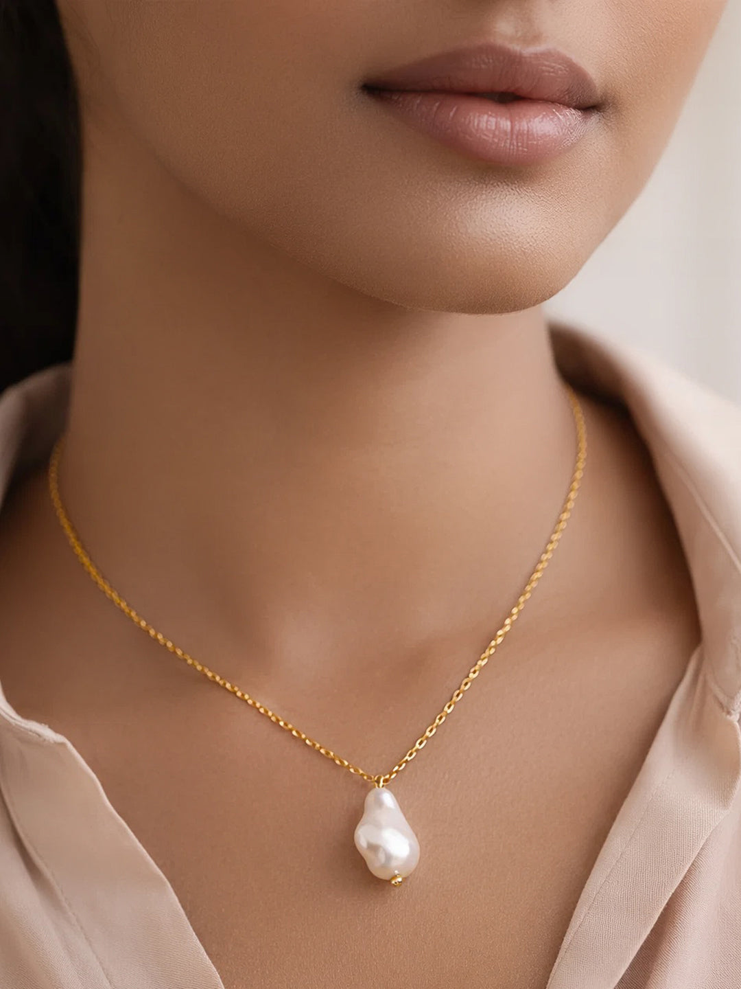 Demi Fine 18K Gold Plated Stainless steel Baroque Pearl Pendant Rope Necklace