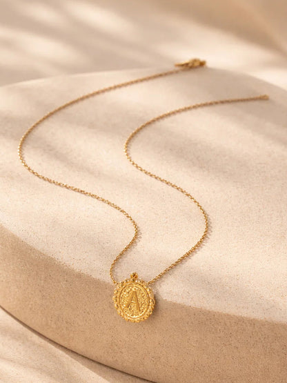 Demi Fine 18K Gold Plated Stainless steel Textured Coin A Pendant Necklace