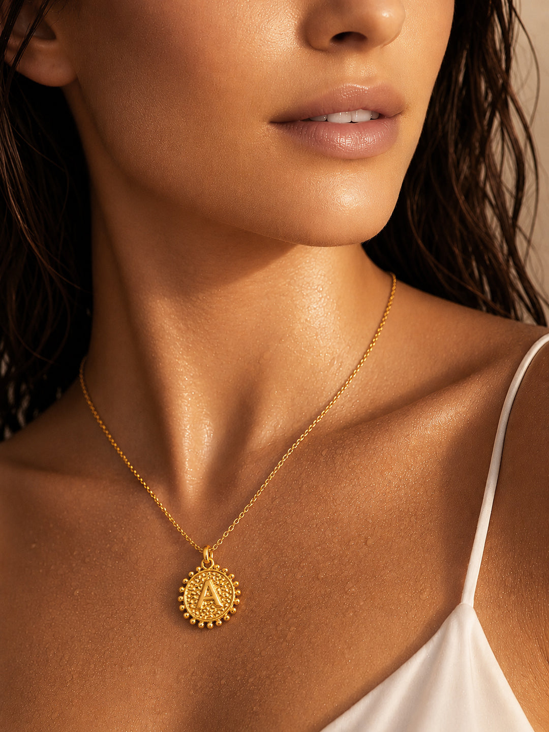 Demi Fine 18K Gold Plated Stainless steel Textured Coin A Pendant Necklace