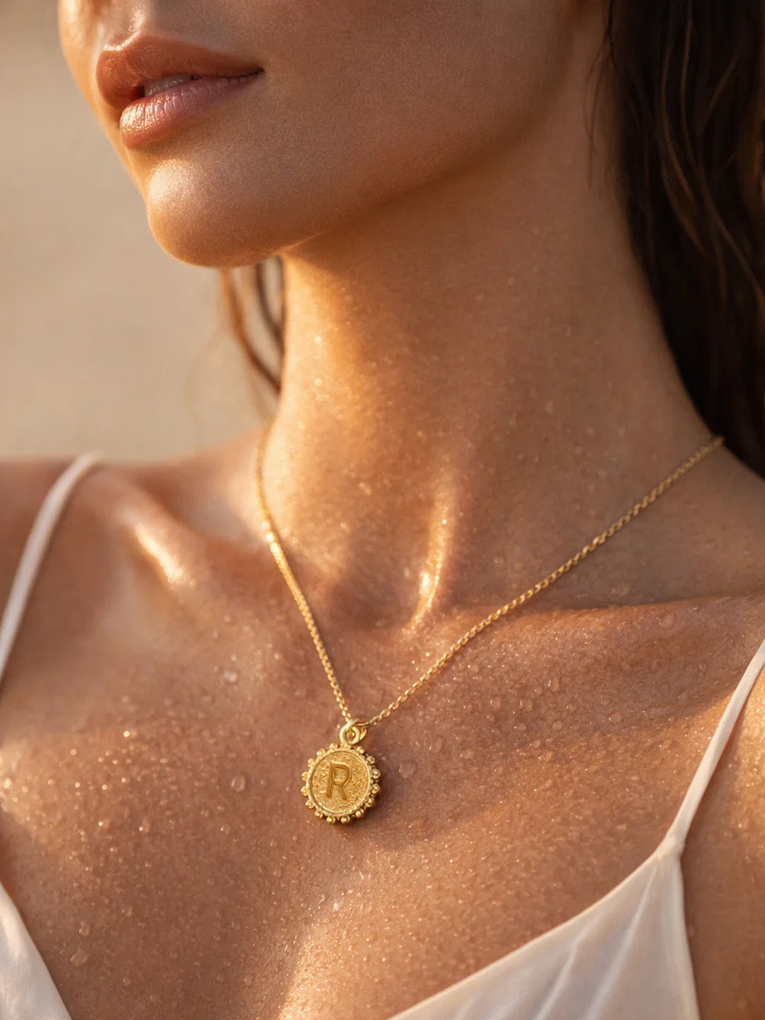 Demi Fine 18K Gold Plated Stainless steel Textured Coin R Pendant Necklace