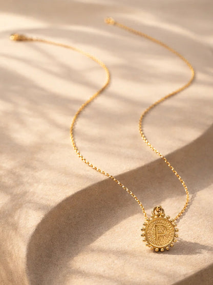 Demi Fine 18K Gold Plated Stainless steel Textured Coin P Pendant Necklace