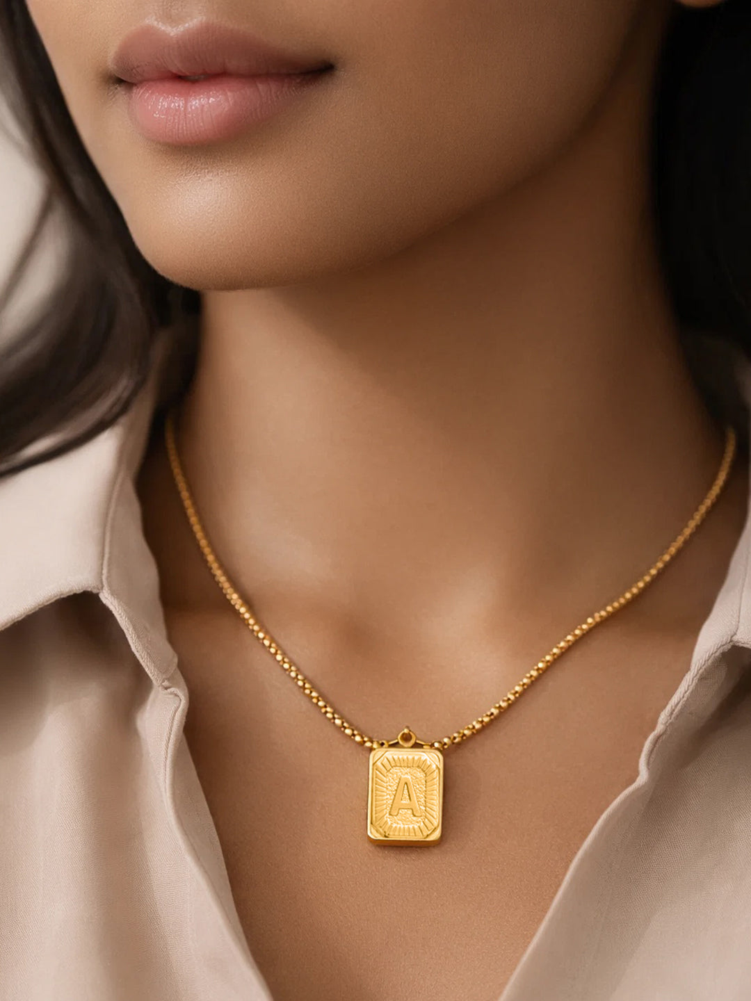 Demi Fine 18K Gold Plated Stainless steel Engraved Square A Pendant Necklace