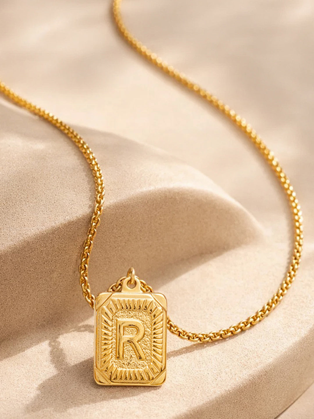 Demi Fine 18K Gold Plated Stainless steel Engraved Square R Pendant Necklace