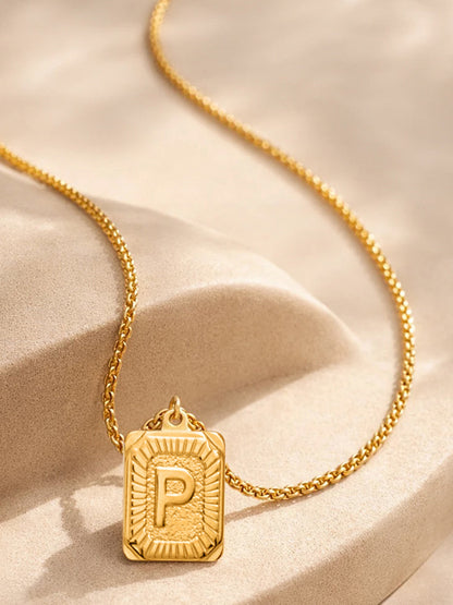 Demi Fine 18K Gold Plated Stainless steel Engraved Square P Pendant Necklace