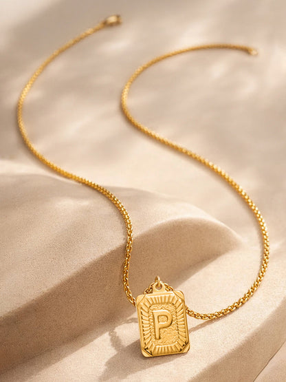 Demi Fine 18K Gold Plated Stainless steel Engraved Square P Pendant Necklace