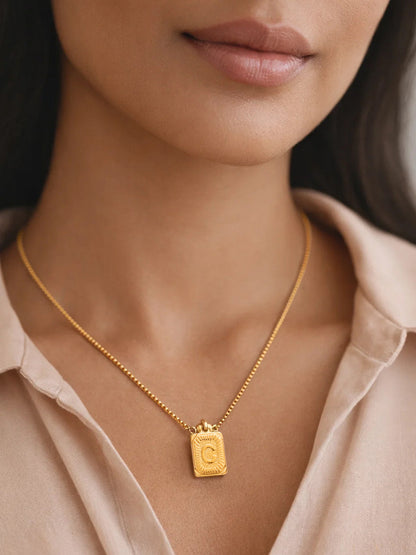 Demi Fine 18K Gold Plated Stainless steel Engraved Square C Pendant Necklace