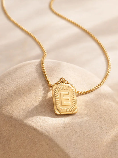 Demi Fine 18K Gold Plated Stainless steel Engraved Square E Pendant Necklace