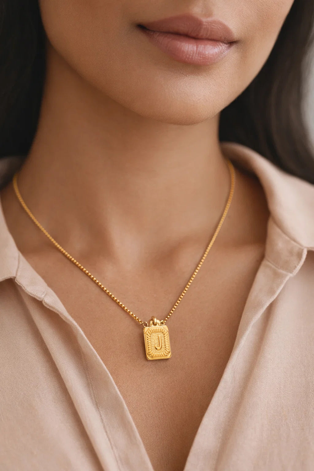 Demi Fine 18K Gold Plated Stainless steel Engraved Square J Pendant Necklace