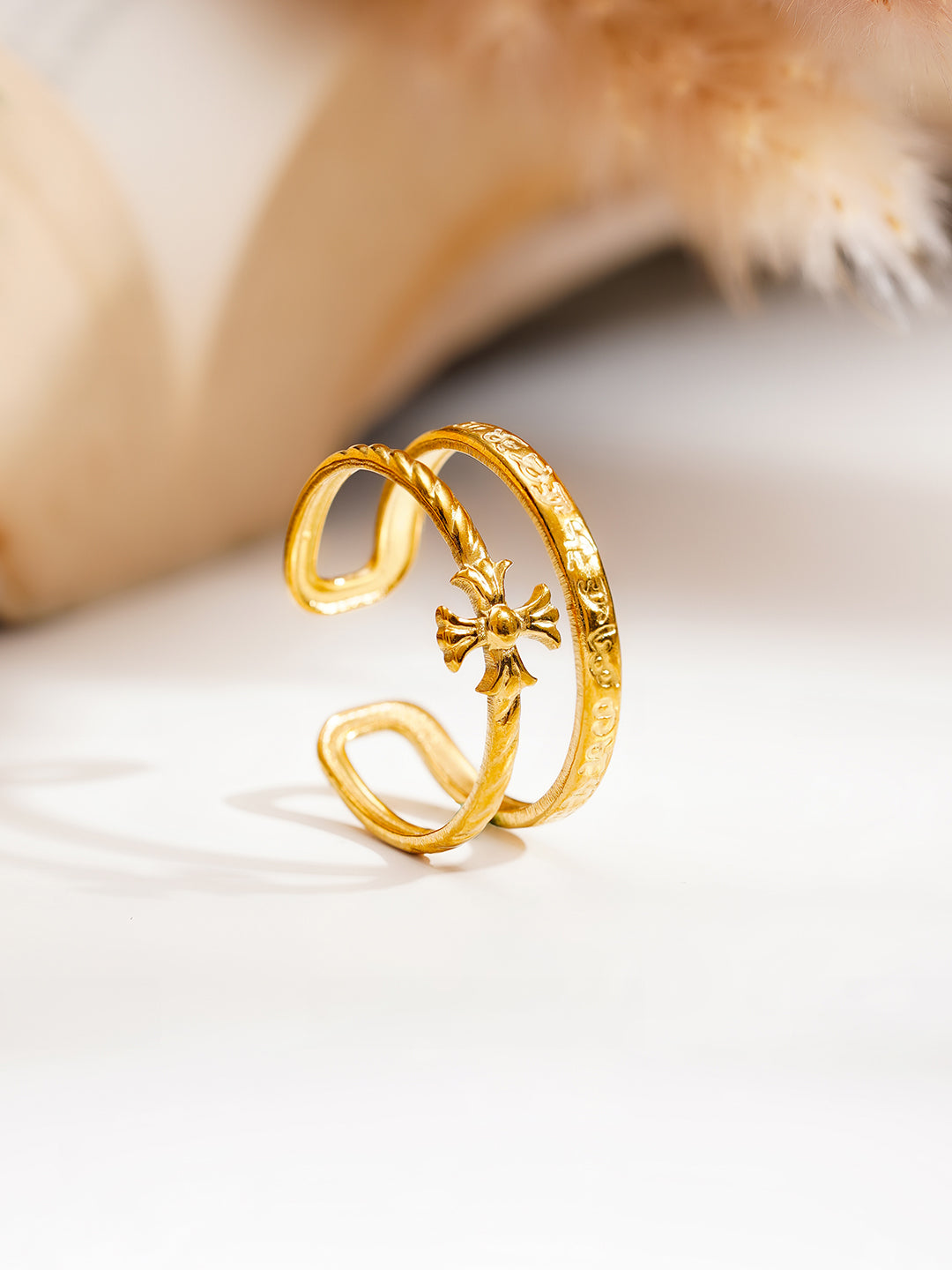 Demi Fine 18K Gold Plated Stainless steel Cross Charm Open Ring