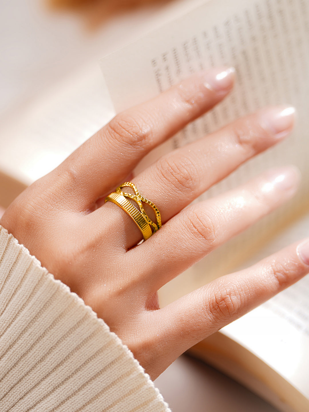 Demi Fine 18K Gold Plated Stainless steel Crossroads Texture Statement Ring