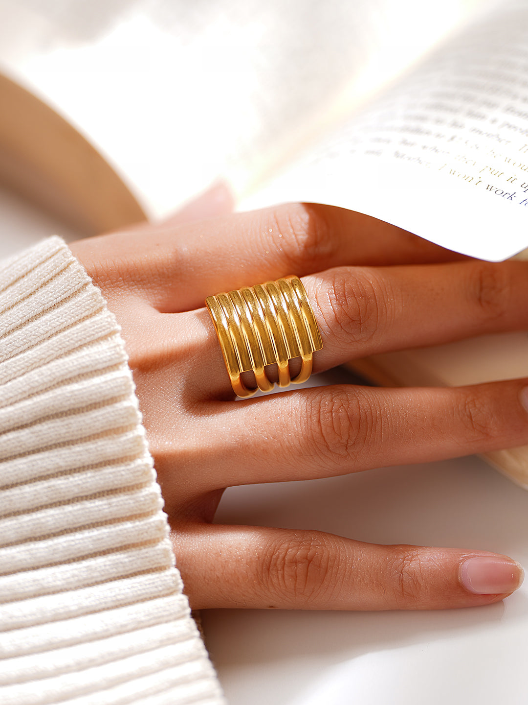 Demi Fine 18K Gold Plated Stainless steel Multi Layer Statement Open Ring
