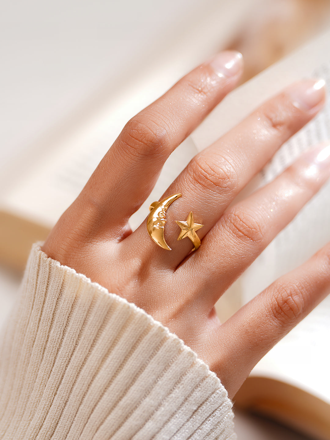 Demi Fine 18K Gold Plated Stainless steel Celestial Moon Star Open Ring