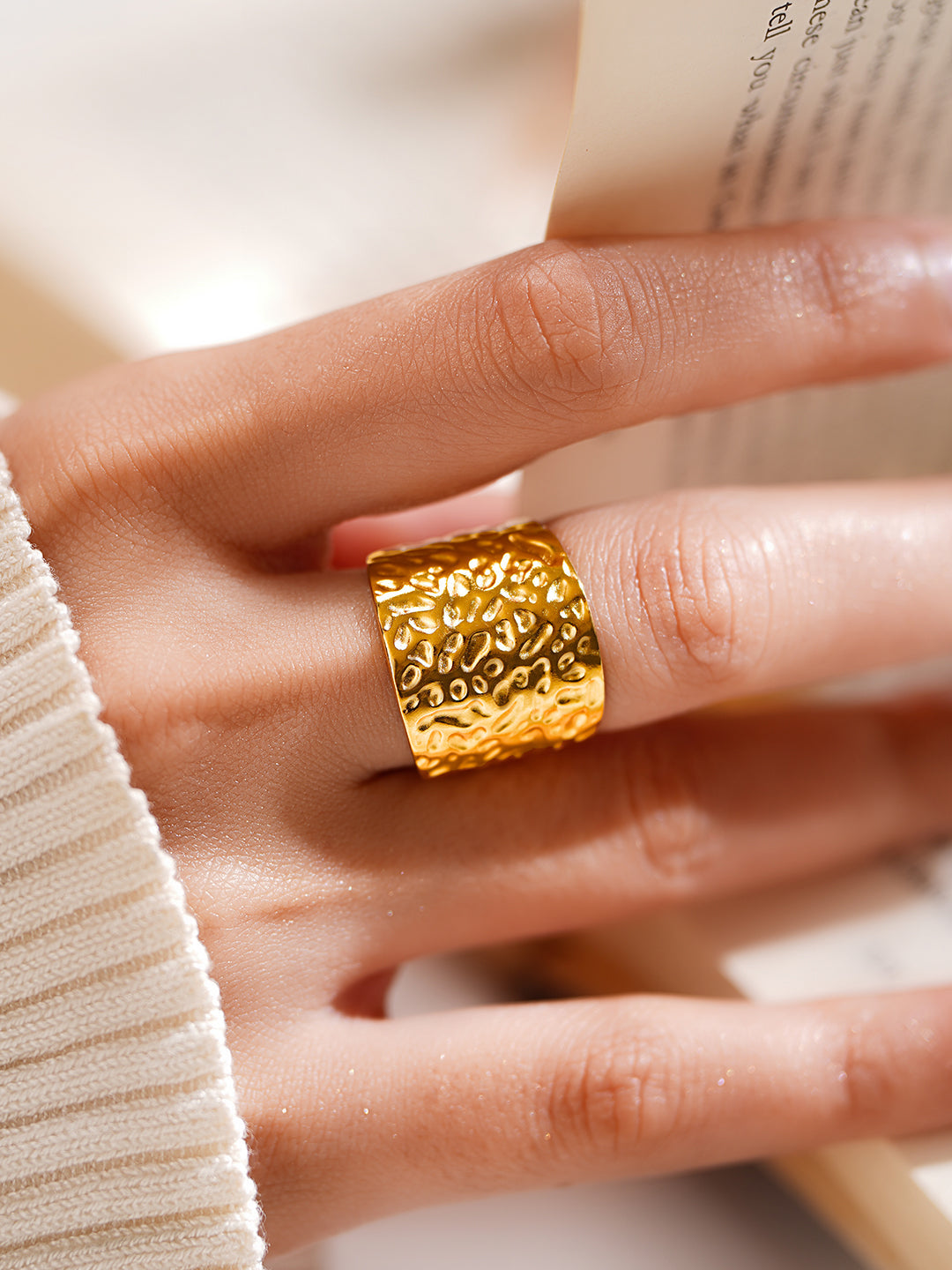 Demi Fine 18K Gold Plated Stainless steel Hammered Wide Band Ring