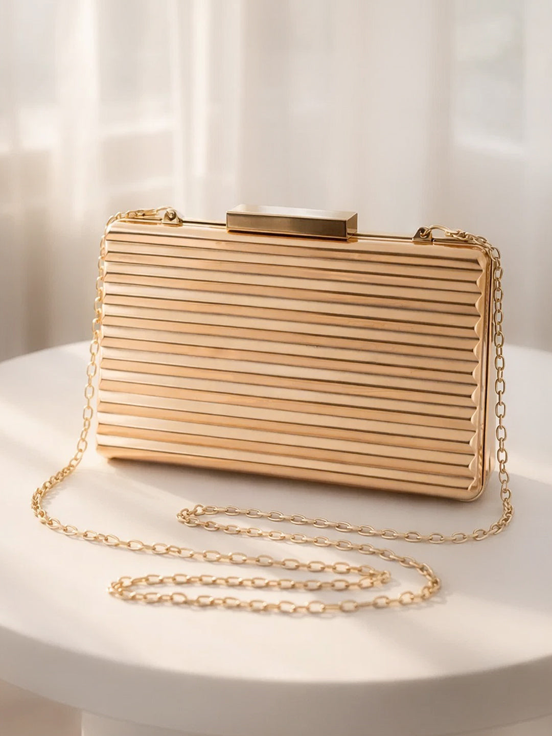 Golden Ribbed Luxe Evening Box Clutch