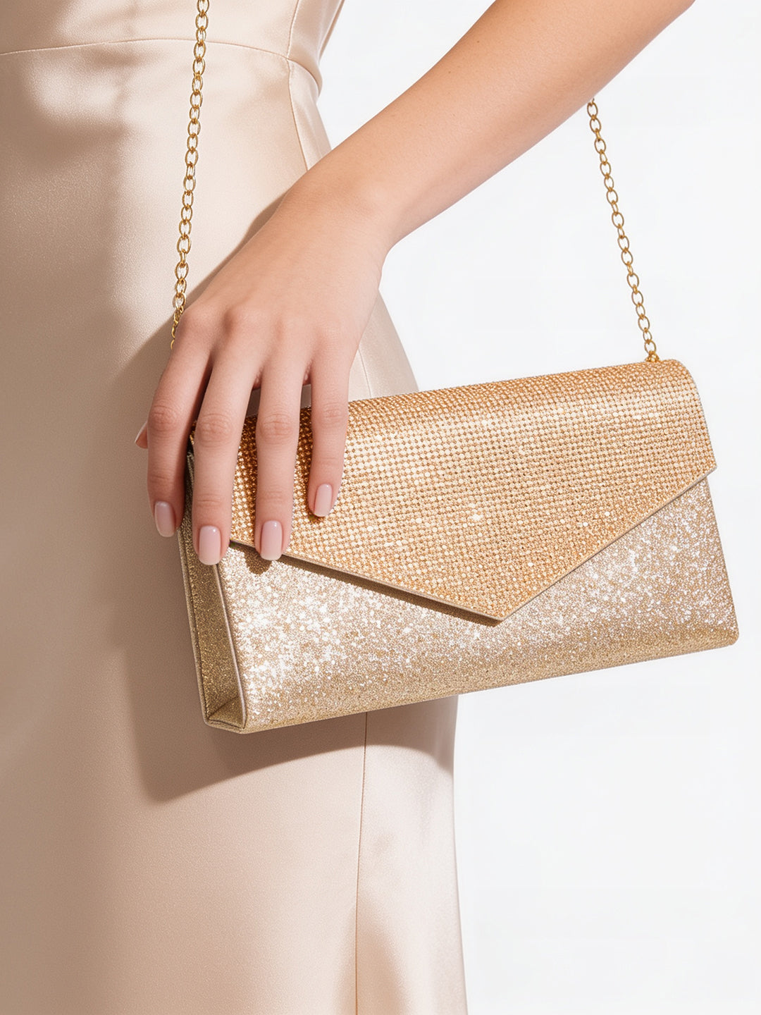 Gold Crystal Embellished Envelope Clutch Handbag