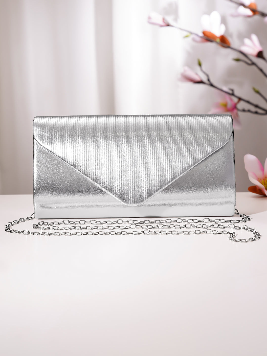 Silver Textured Envelope Clutch Handbag