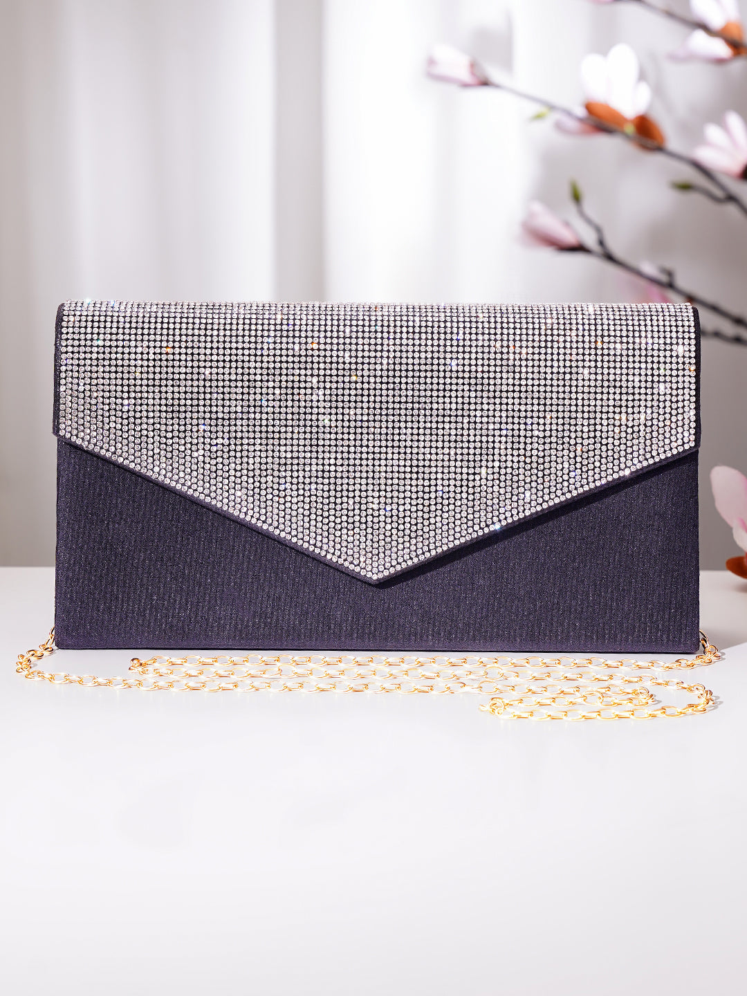Black Crystal Embellished Envelope Clutch Handbag