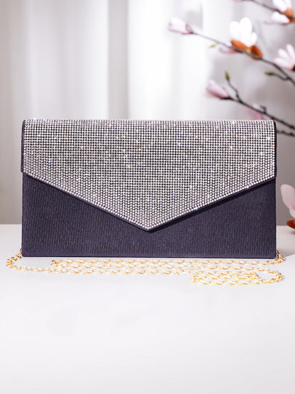 Black Crystal Embellished Envelope Clutch Handbag