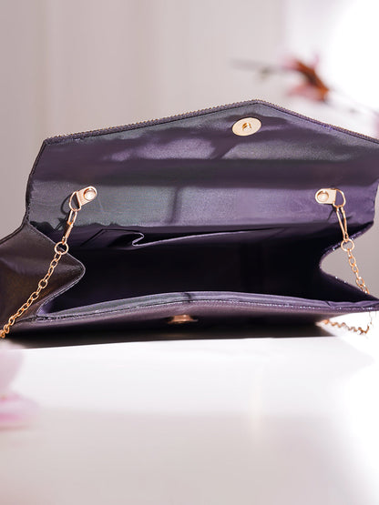 Black Crystal Embellished Envelope Clutch Handbag