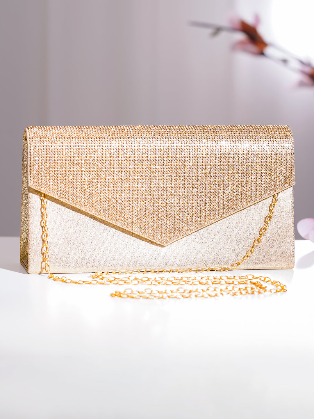 Gold Crystal Embellished Envelope Clutch Handbag