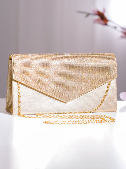 Gold Crystal Embellished Envelope Clutch Handbag