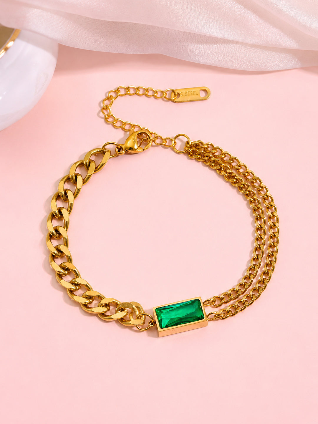 Demi Fine 18K Gold Plated Stainless steel Chunky Chain Emerald Green Bracelet
