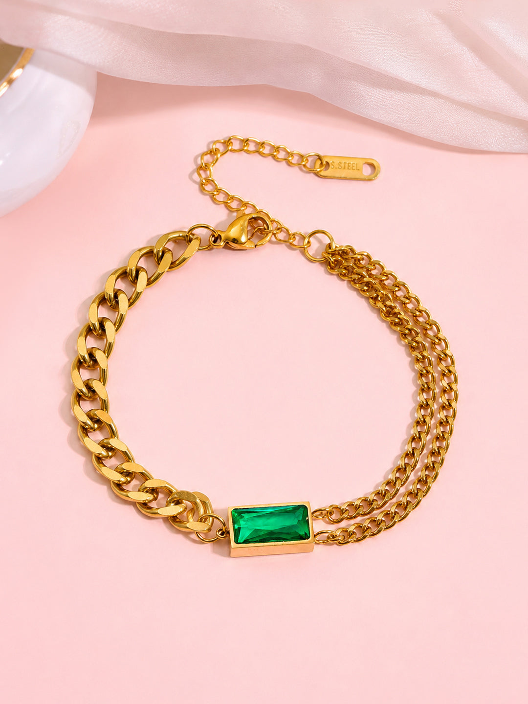 Demi Fine 18K Gold Plated Stainless steel Chunky Chain Emerald Green Bracelet