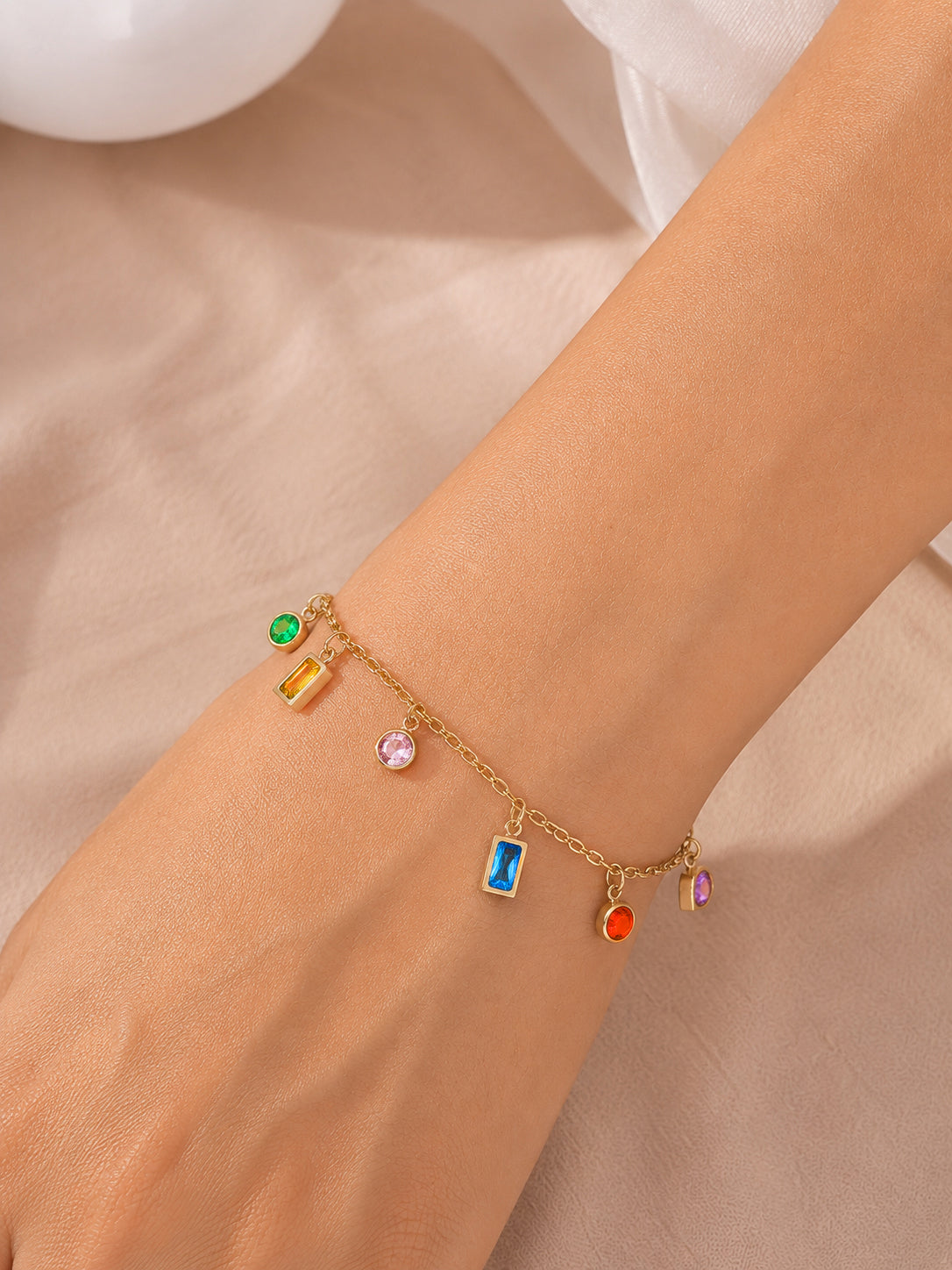 Demi Fine 18K Gold Plated Stainless Steel Multicolor Zircon Charm Chain Bracelet