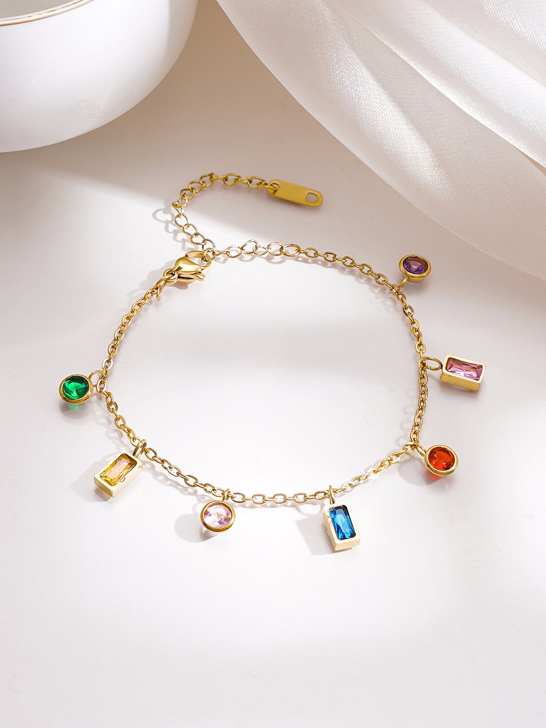 Demi Fine 18K Gold Plated Stainless Steel Multicolor Zircon Charm Chain Bracelet