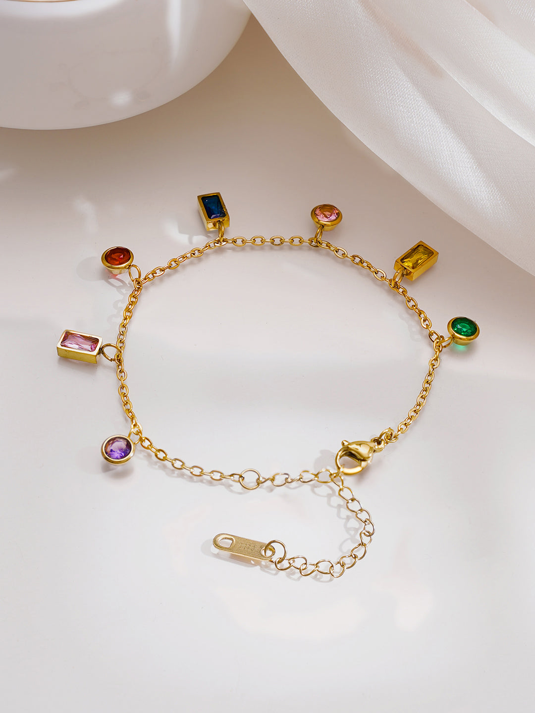 Demi Fine 18K Gold Plated Stainless Steel Multicolor Zircon Charm Chain Bracelet