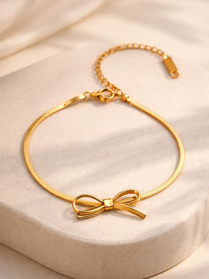 Demi Fine 18K Gold Plated Stainless steel Bow Knot Snake Chain Bracelet